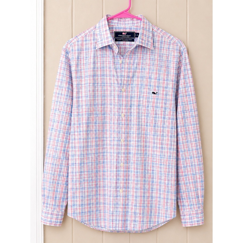 Vineyard Vines Mens Classic Fit Tucker Shirt Pink Blue Plaid Cotton 1W1511 L
